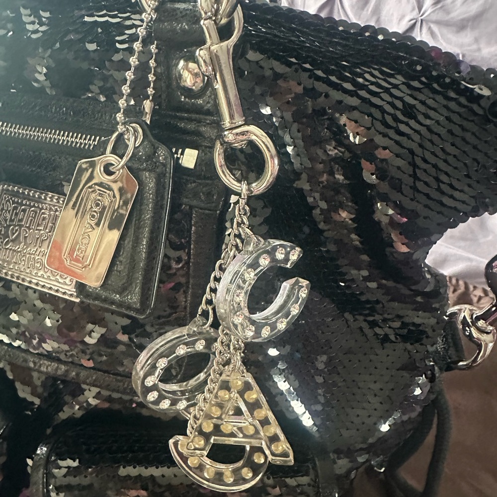Coach Black Sequin Shoulder Bag with Charm - Picture 5 of 10